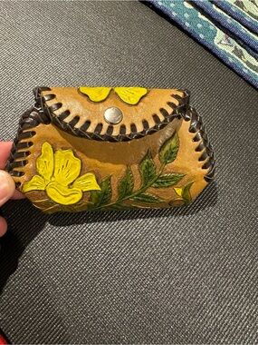 Hand-Tooled Brown Leather Coin Purse with Yellow Floral Design